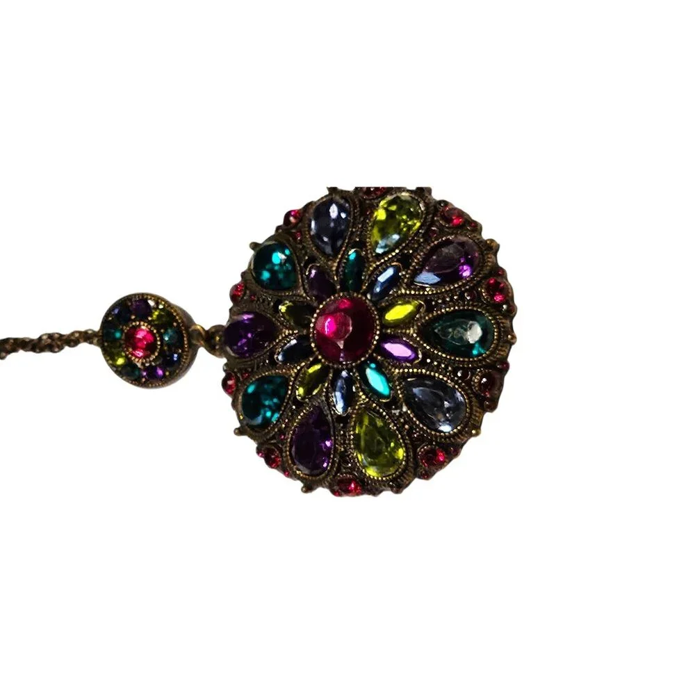 Vintage‎ Necklace Pendant Large Gothic Multicolor & Amber Beaded Hoop Earrings